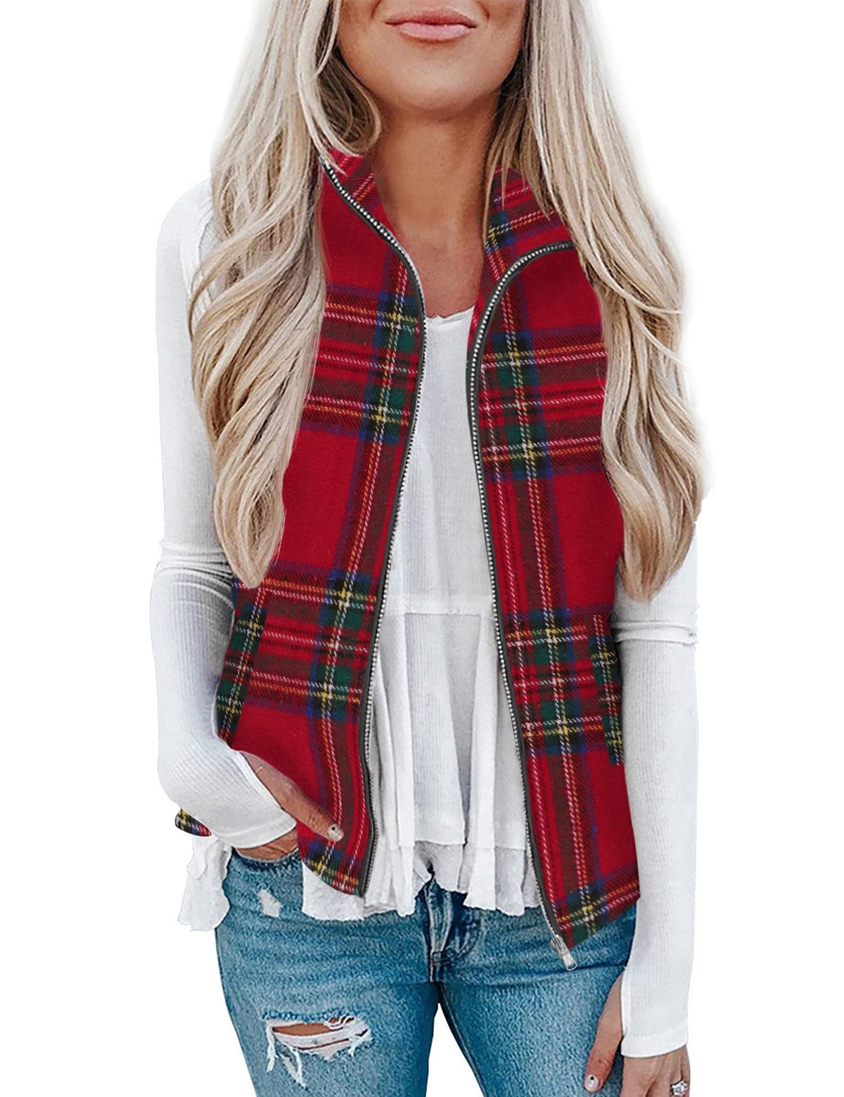 Rapbin Women's Plaid Outerwear Vests Tops Zip Up Collared Sleeveless Jacket with Pockects