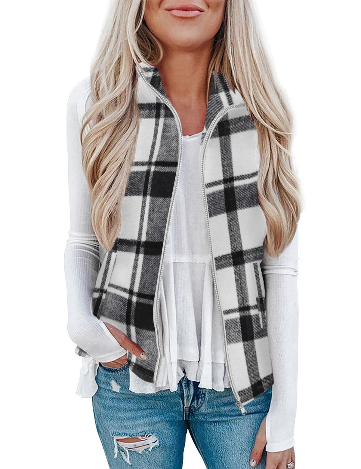 Rapbin Women's Plaid Outerwear Vests Tops Zip Up Collared Sleeveless Jacket with Pockects