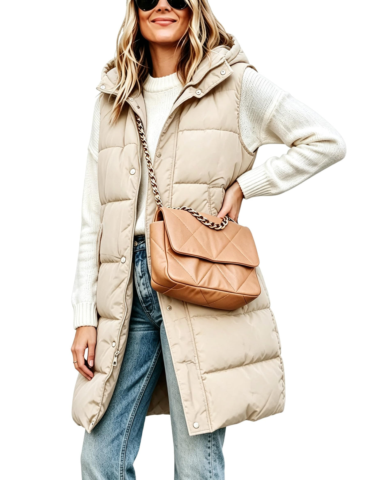 Tanming Women's Long Puffer Vest with Removable Hood