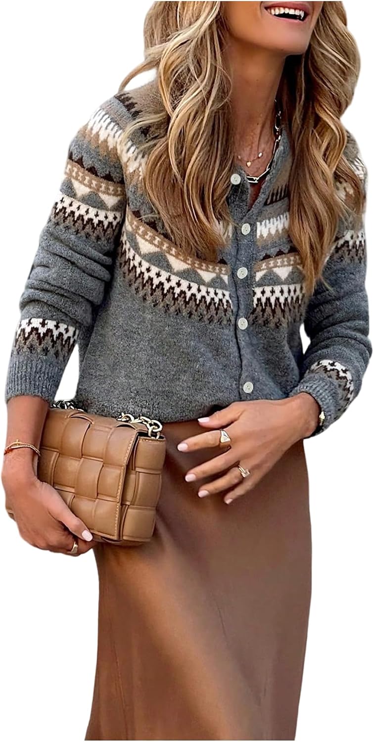 SOLY HUX Women's Fair Isle Cardigan Sweater Button Down Crew Neck Long Sleeve Knit Outerwear Fall Winter Clothes