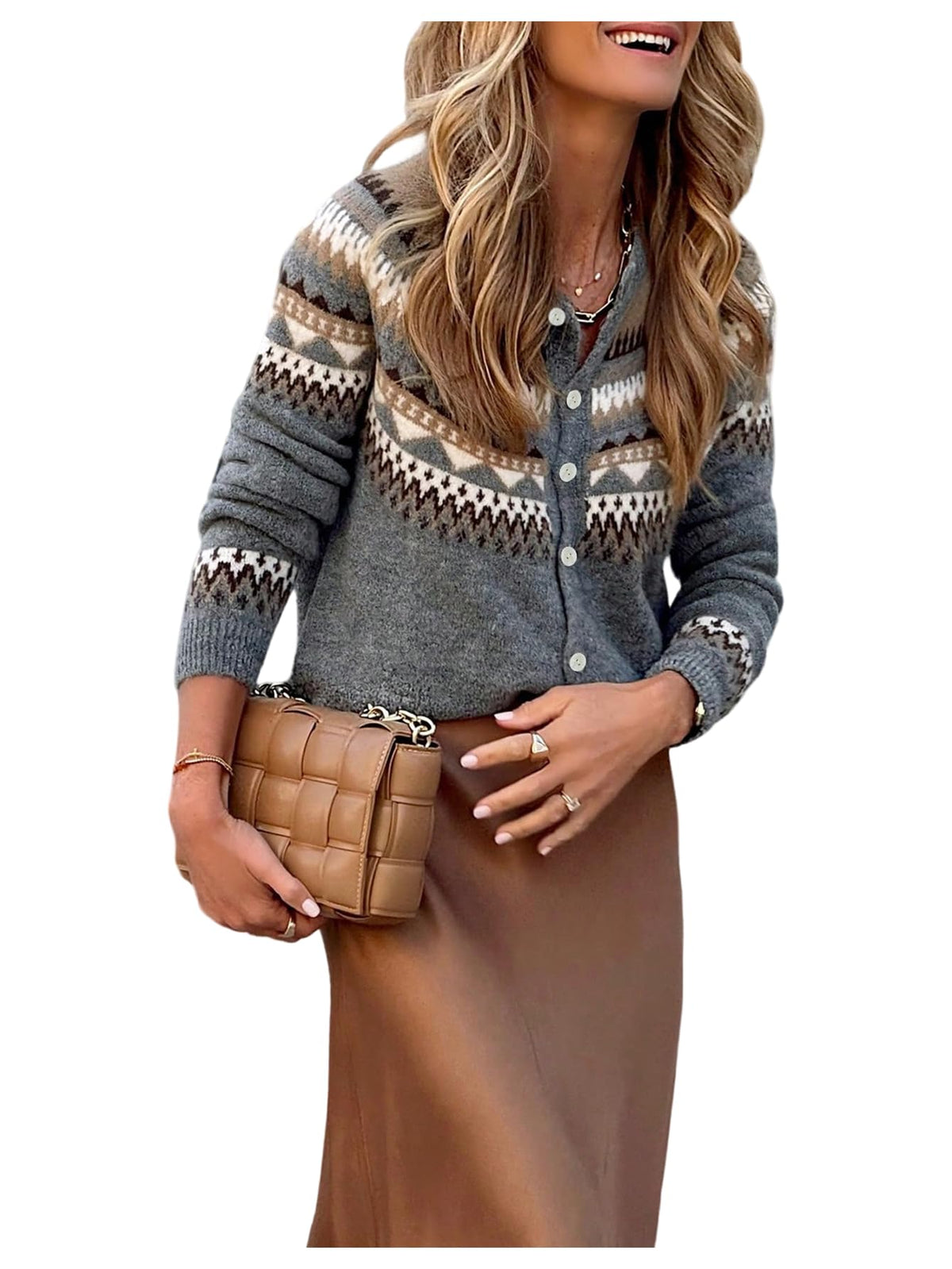 SOLY HUX Women's Fair Isle Cardigan Sweater Button Down Crew Neck Long Sleeve Knit Outerwear Fall Winter Clothes