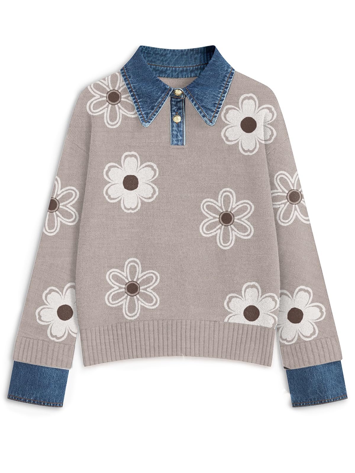 GUNEST Womens Oversized Sweater Denim Polo Knit Collared Fall Sweater