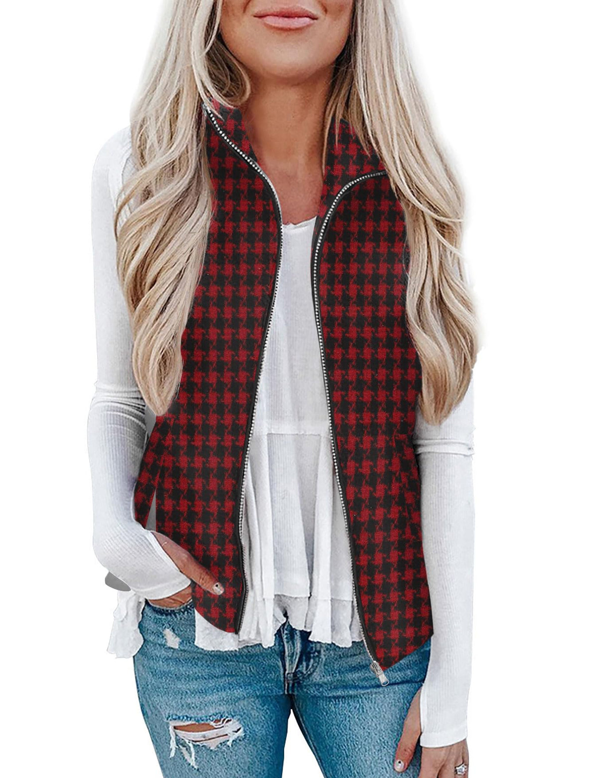 Rapbin Women's Plaid Outerwear Vests Tops Zip Up Collared Sleeveless Jacket with Pockects