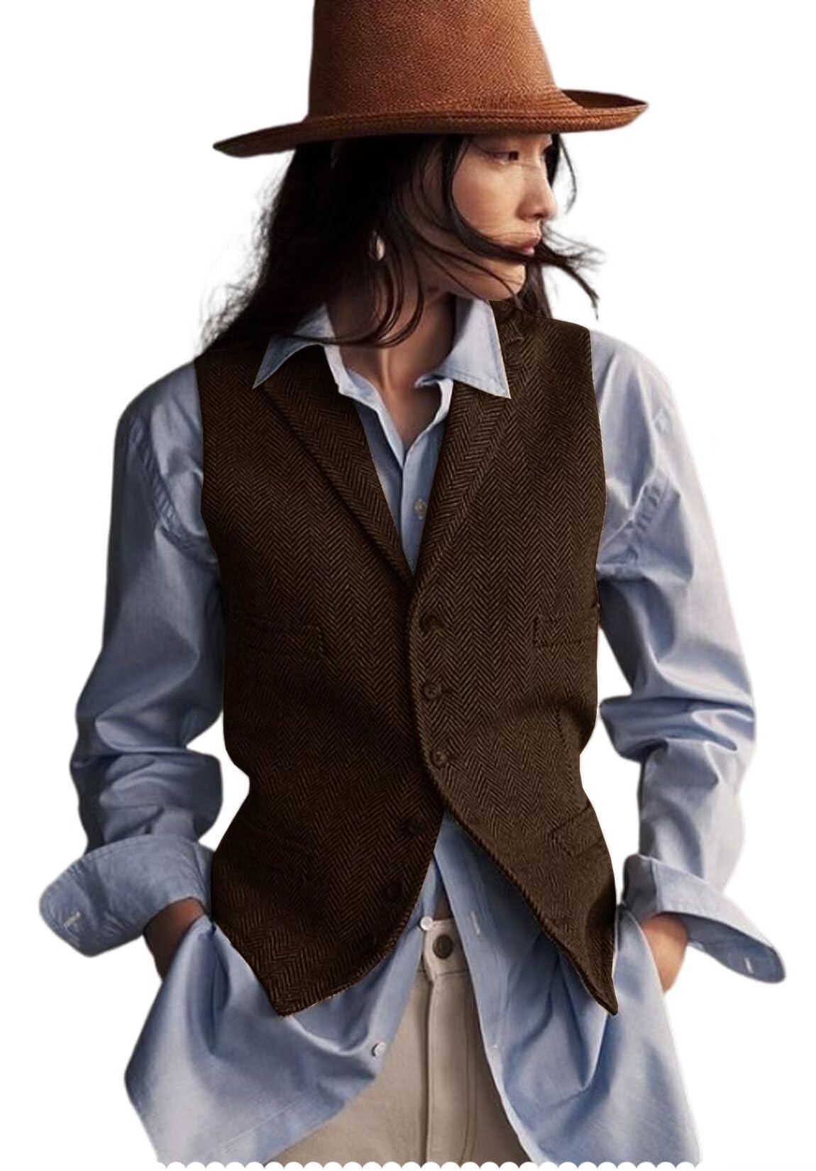 Women's Herringbone Tweed Waistcoat V-Neck Lapel Suit Vest
