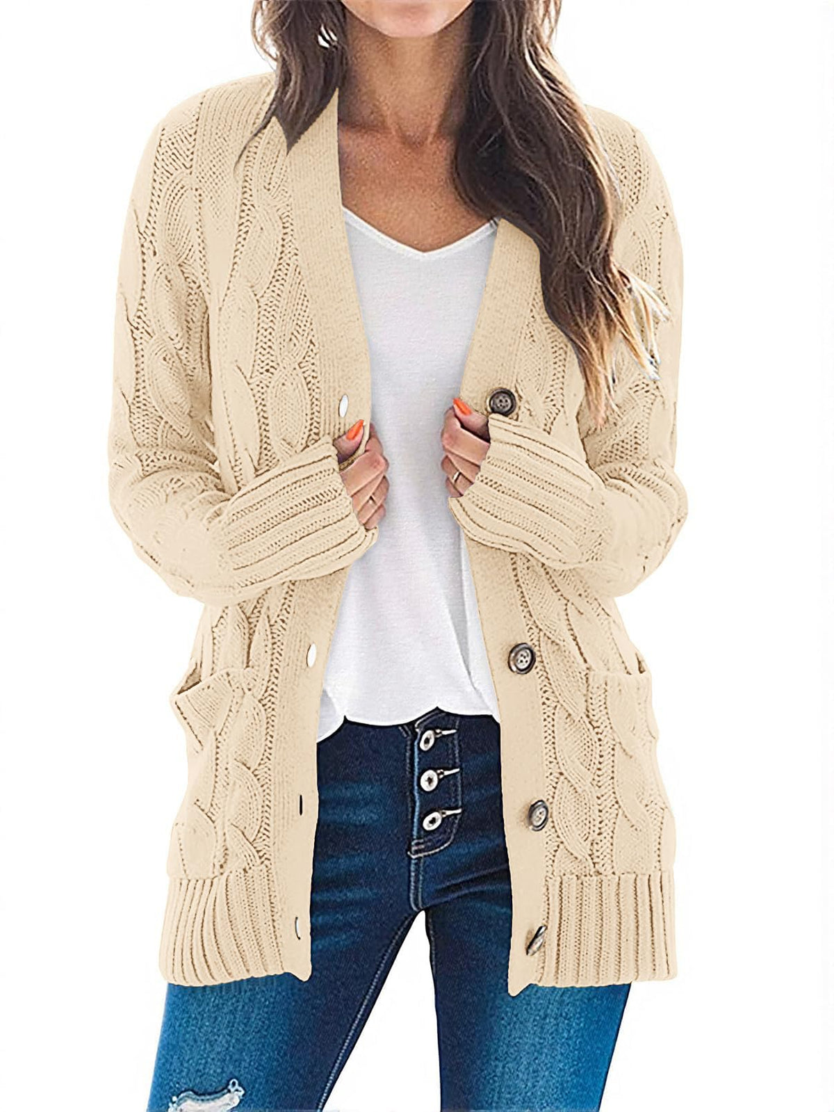 MEROKEETY Womens Fall 2026 Long Sleeve Cable Knit Cardigan Sweaters