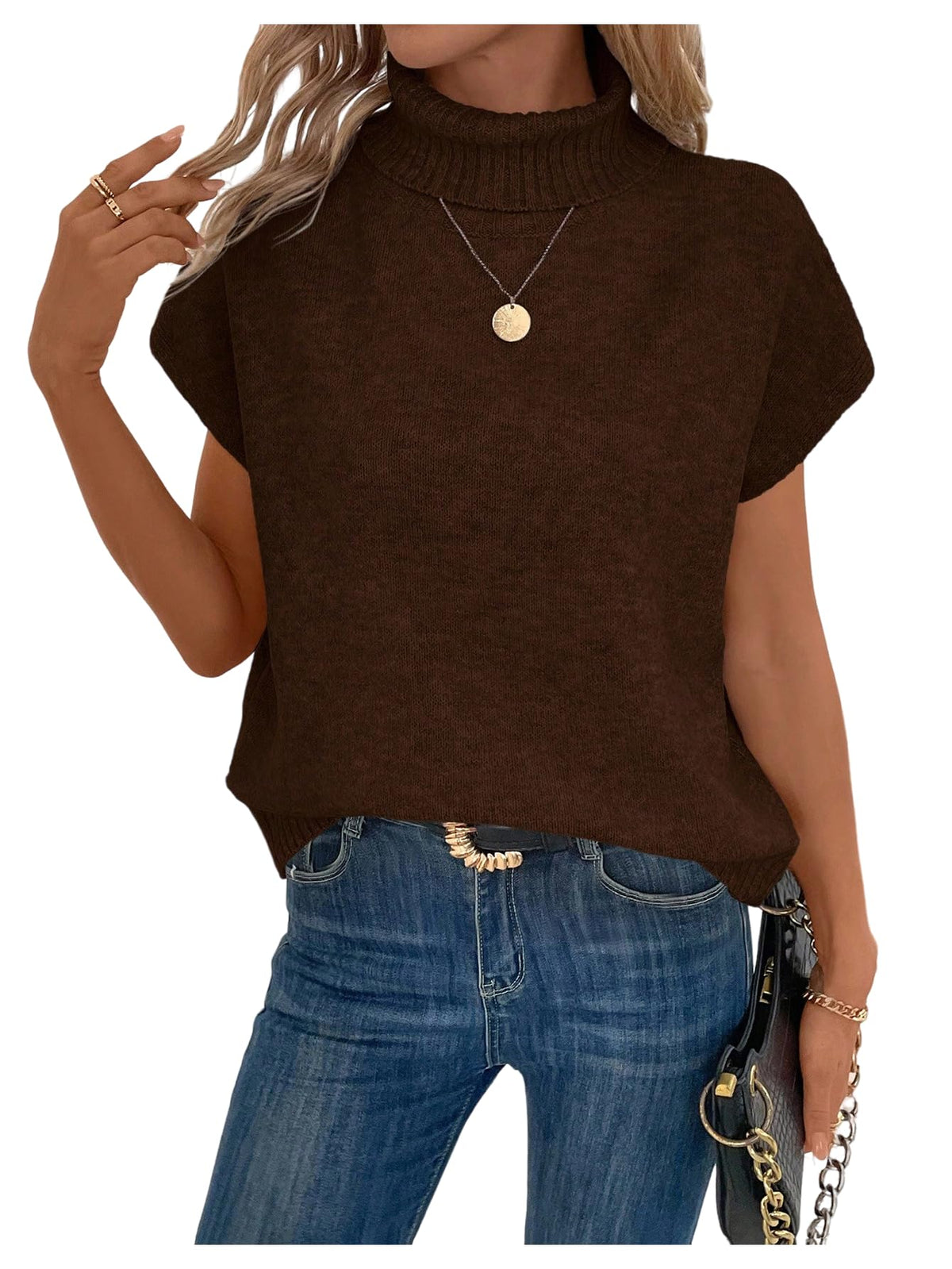 WDIRARA Women's Turtleneck Cap Sleeve Sweater Vest Pullover Knitted Top Loose Oversized Knitwear