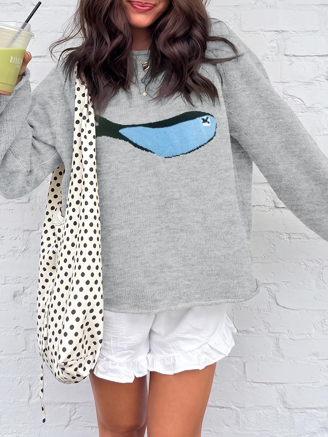 Tankaneo Womens Fish Graphic Oversized Sweaters Lightweight Knit Pullover