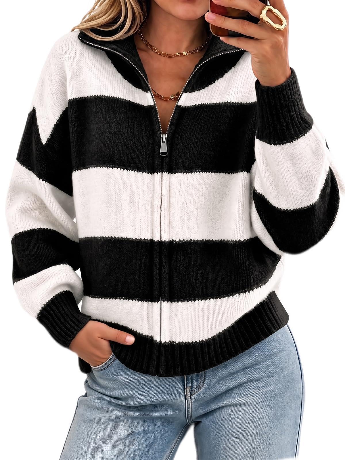 Cicy Bell Women Striped Color Block Cardigan Zip Long Sleeve Knit Sweater