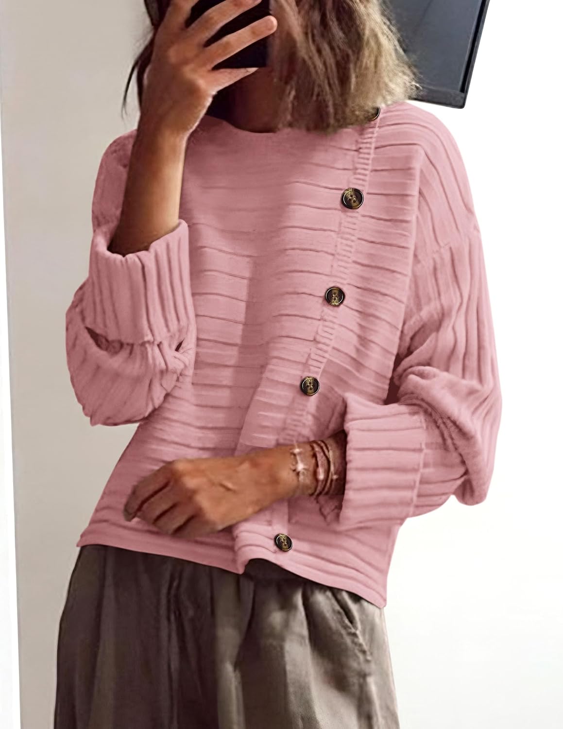 PRETTYGARDEN Womens Asymmetric Button Long Sleeve Sweater