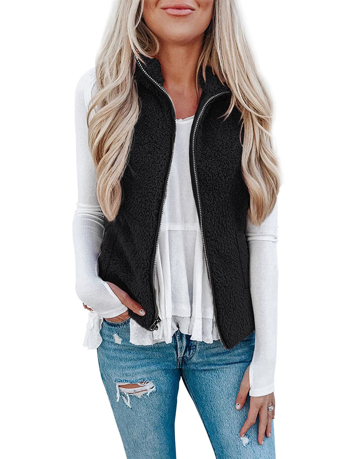 LOMON Womens Fuzzy Sherpa Fleece Jacket Lightweight Vest Cozy Sleeveless Cardigan Zipper Waistcoat Outerwear with Pocket