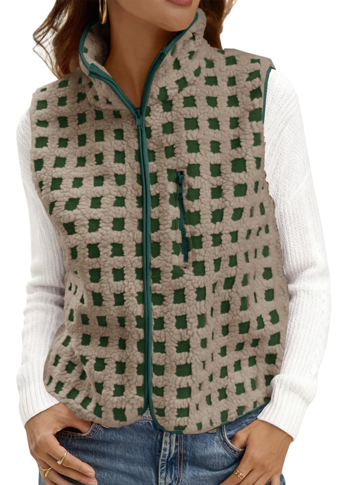 Tankaneo Womens Checkered Sherpa Vest Fleece Fuzzy Zip Up Sleeveless Jacket