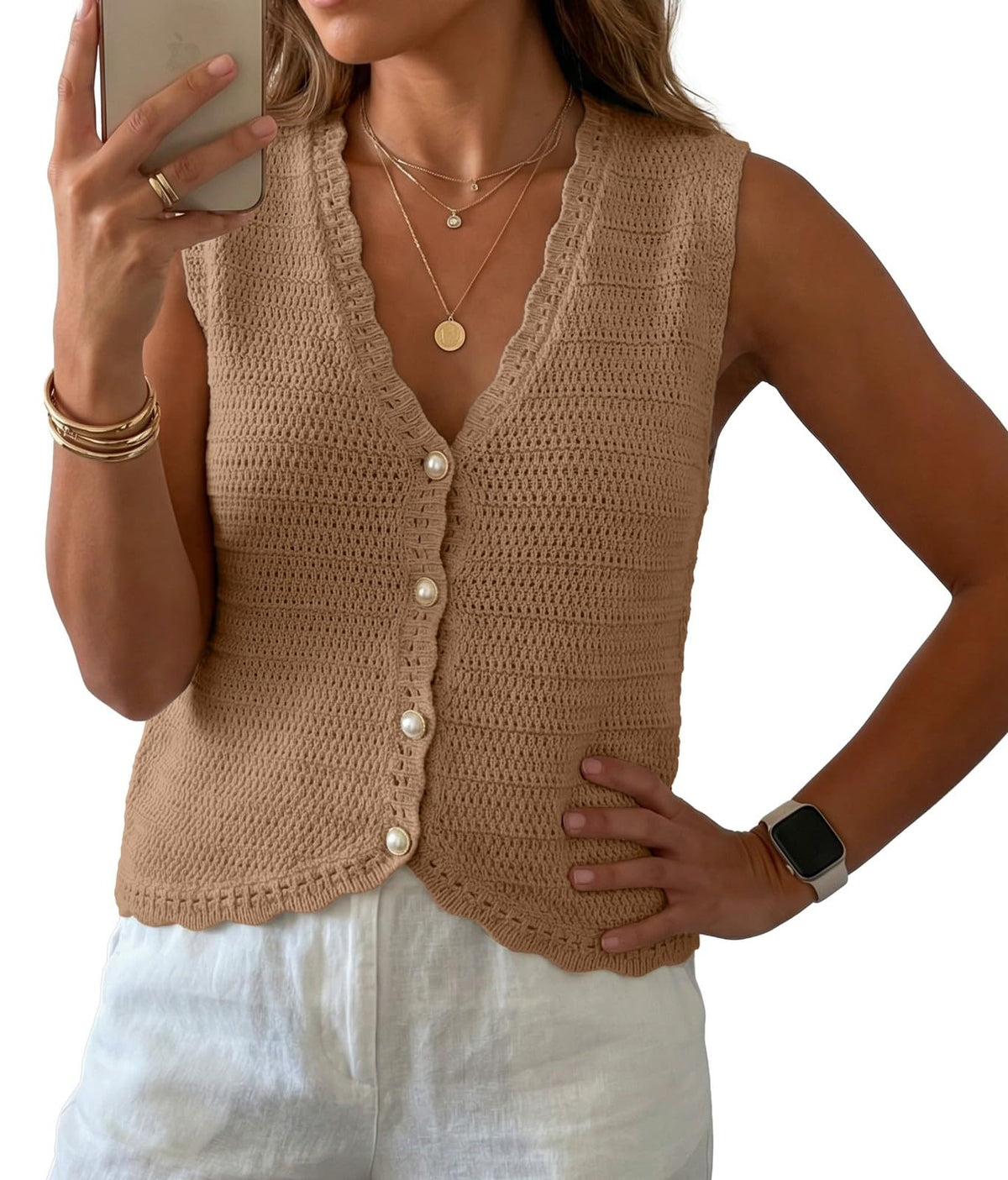 GRECERELLE Women's Summer Sleeveless V Neck Sweater Vest Knit Tank Top