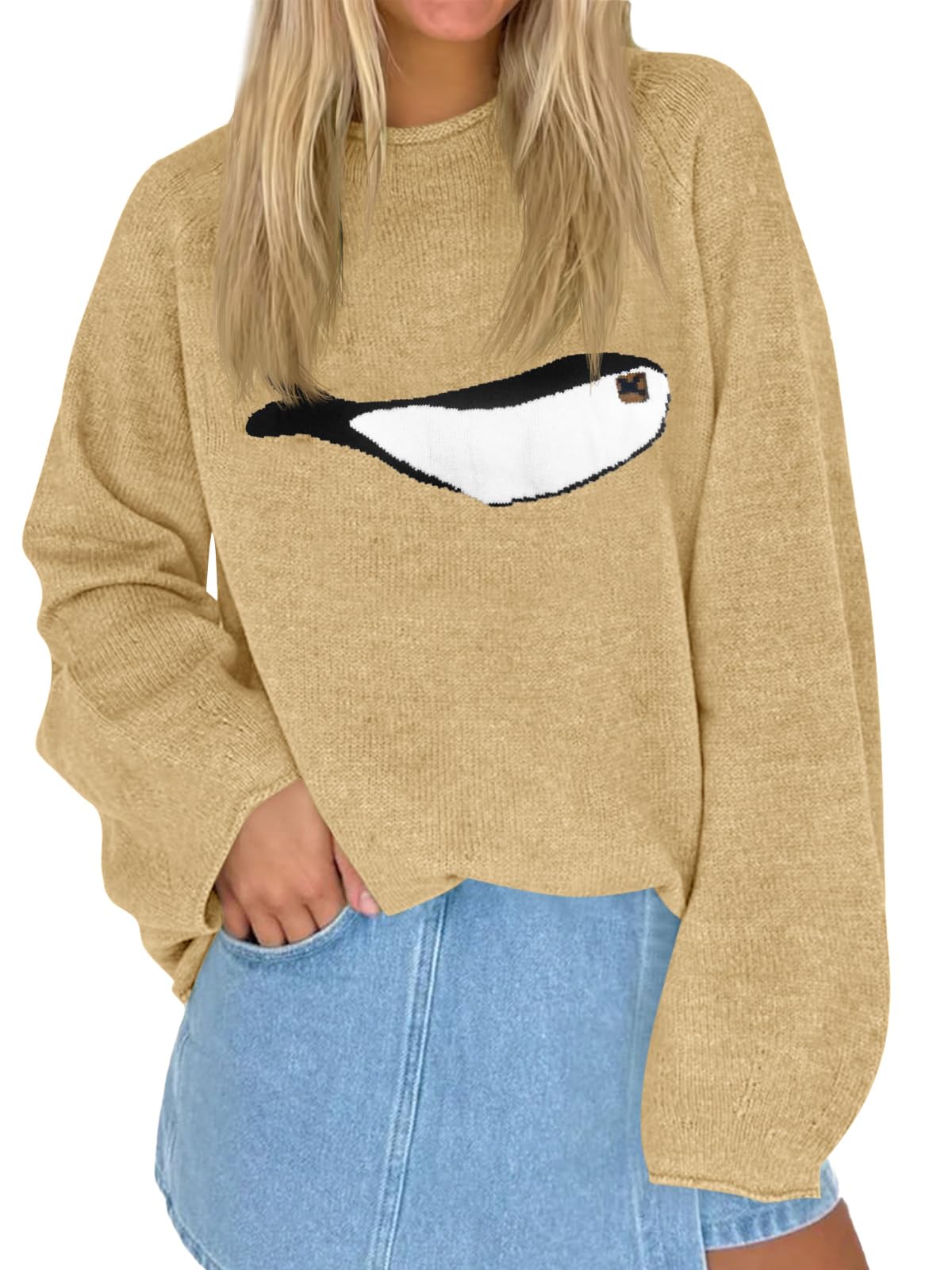 Tankaneo Womens Fish Graphic Oversized Sweaters Lightweight Knit Pullover
