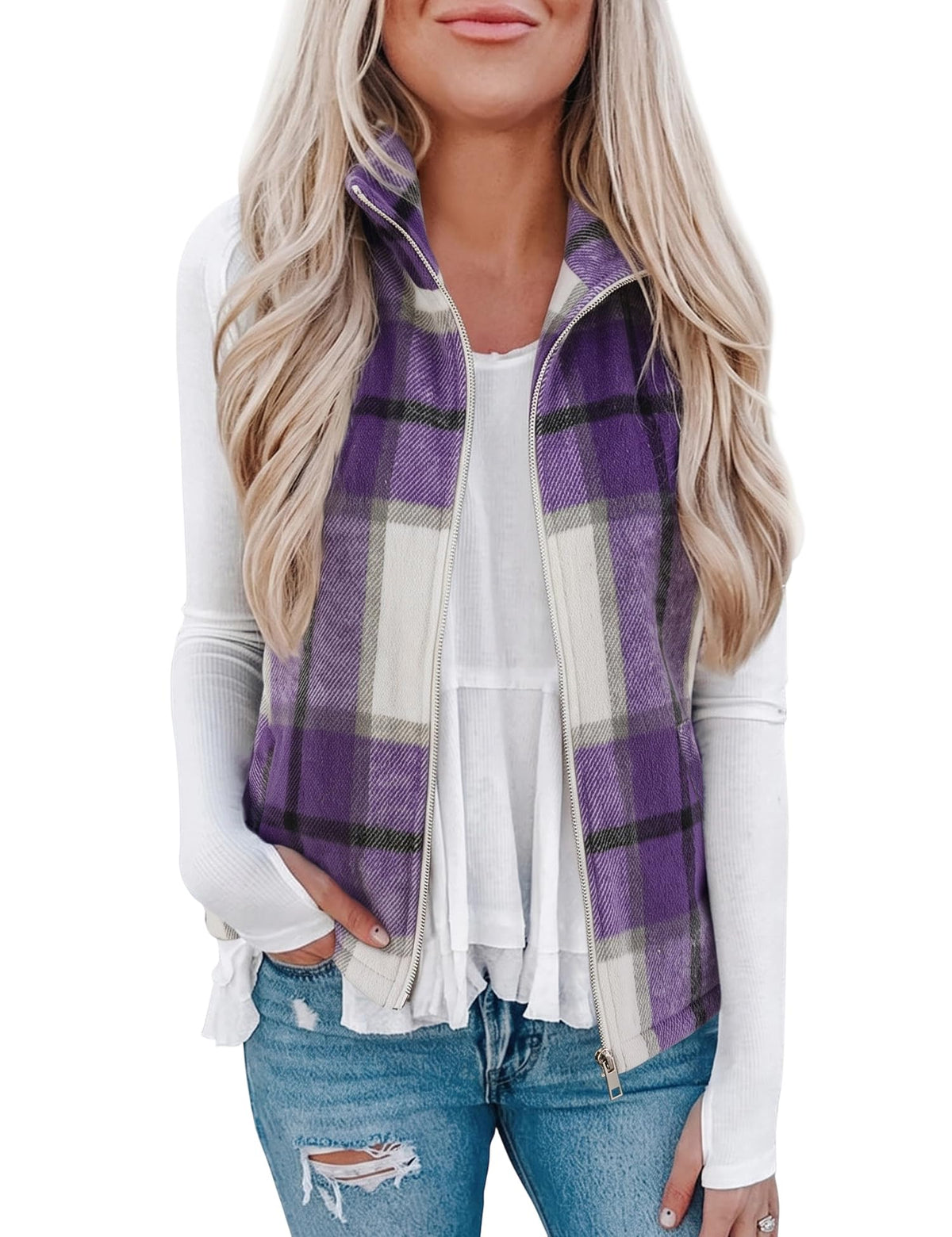 Rapbin Women's Plaid Outerwear Vests Tops Zip Up Collared Sleeveless Jacket with Pockects