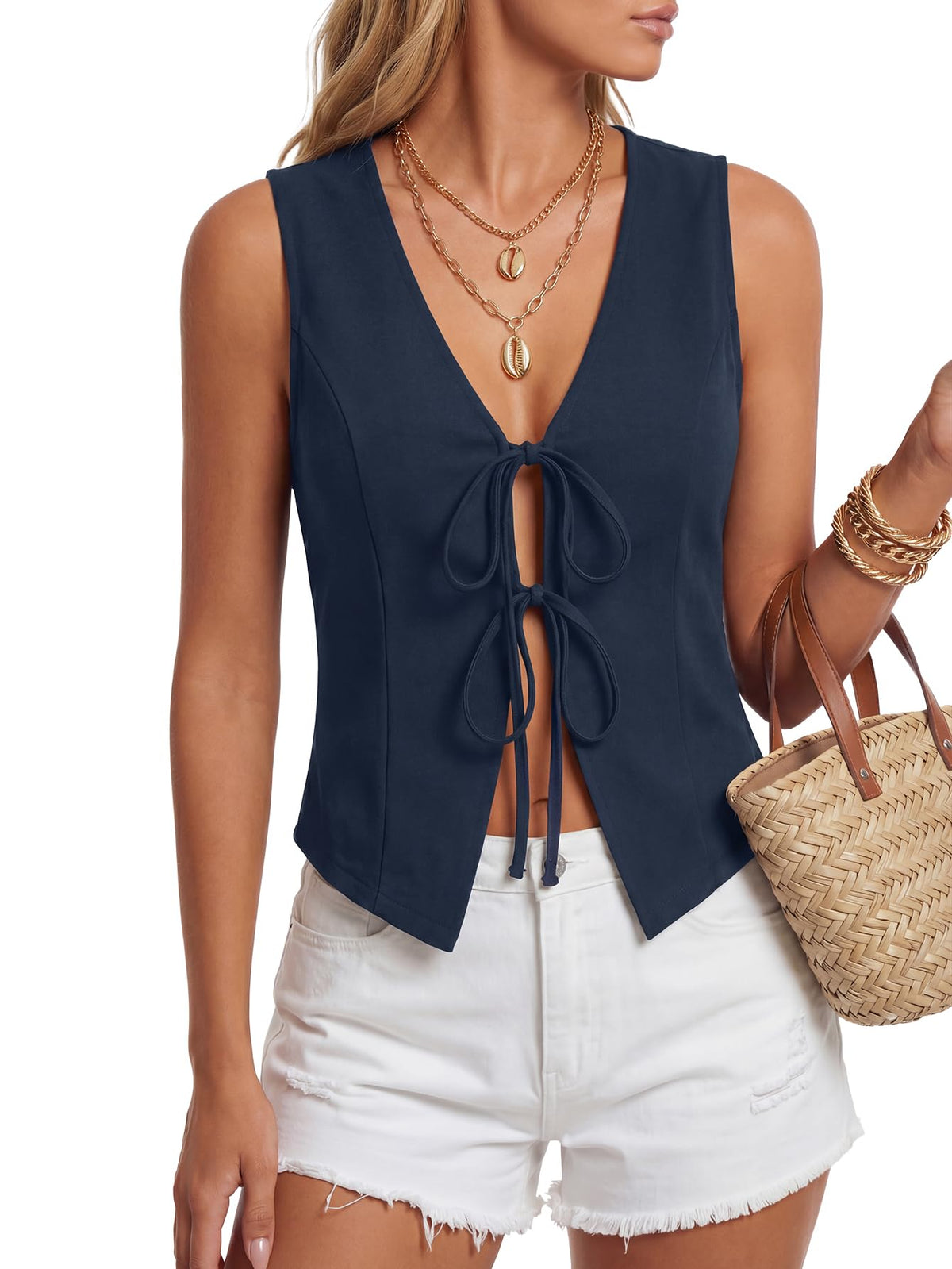Vrtige Women's Y2k V Neck Tie Front Tank Tops