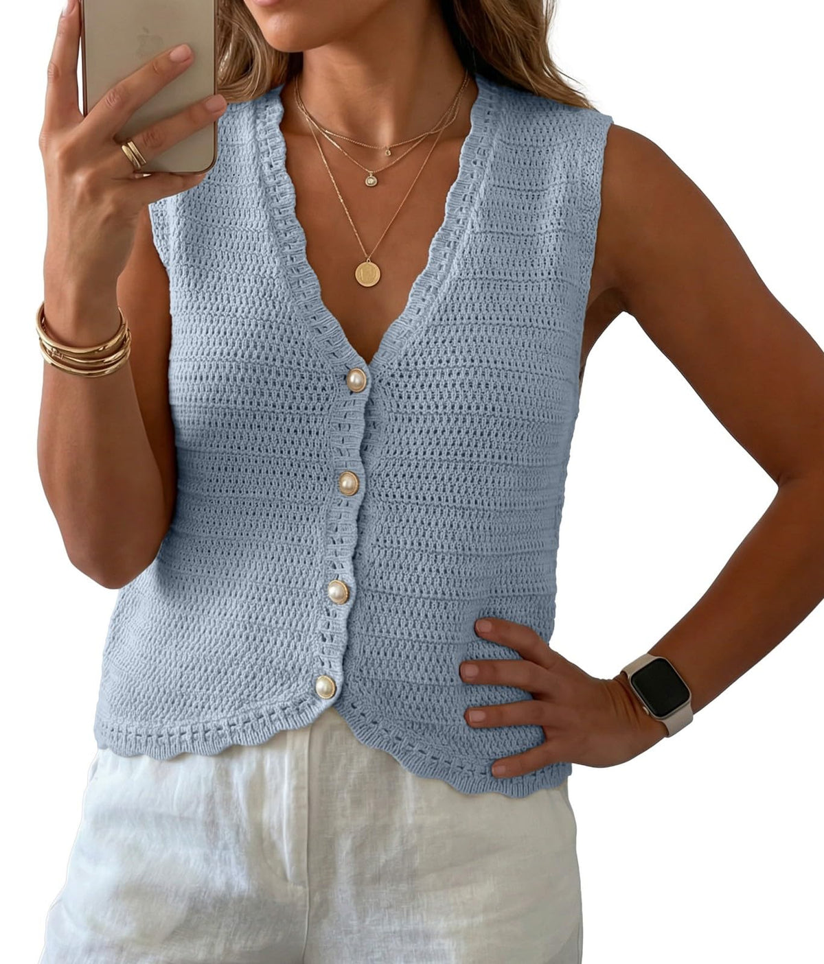 GRECERELLE Women's Summer Sleeveless V Neck Sweater Vest Knit Tank Top
