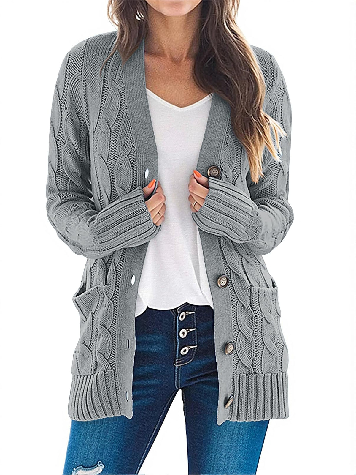 MEROKEETY Womens Fall 2026 Long Sleeve Cable Knit Cardigan Sweaters