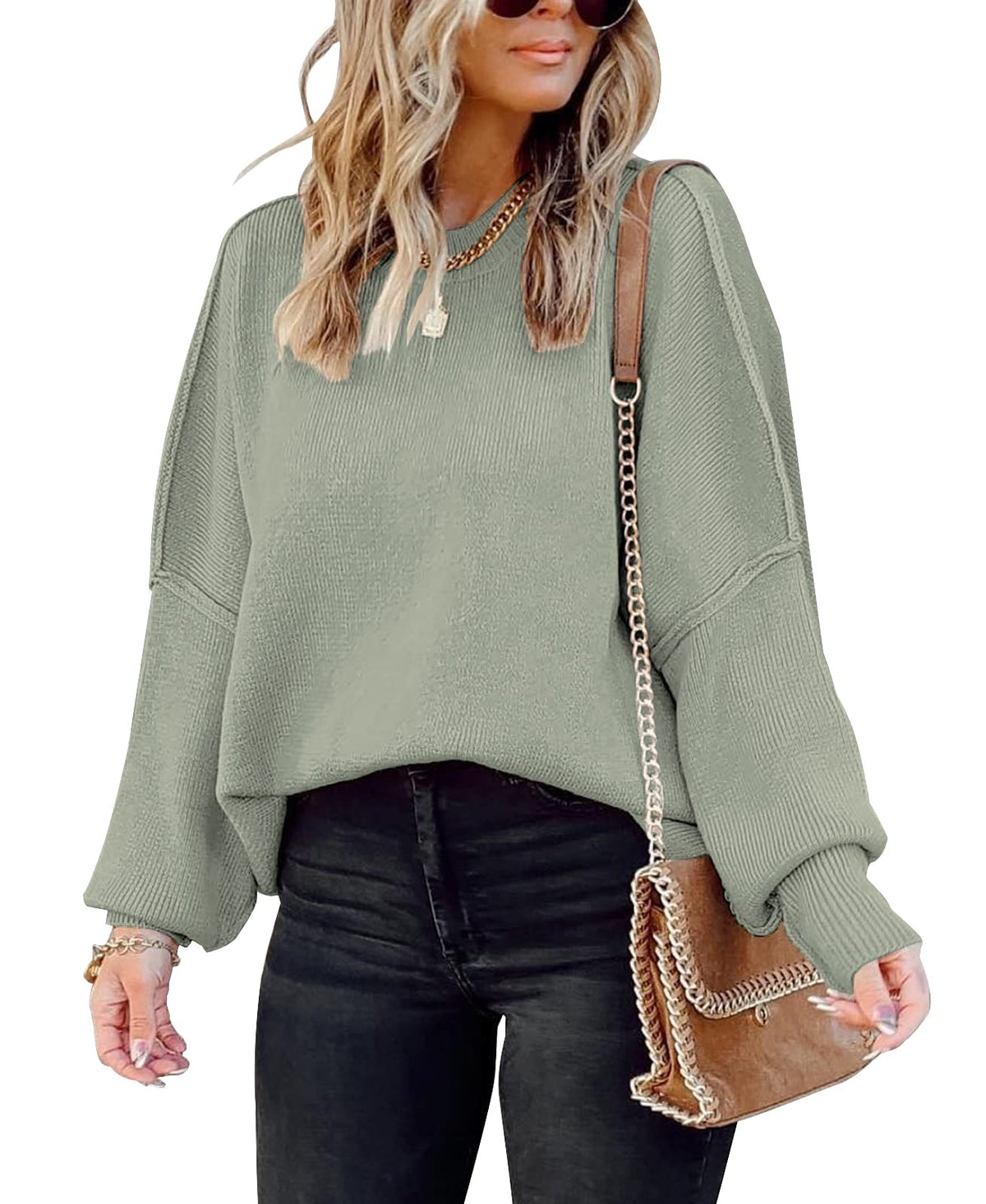 Womens Sweaters Causal Crewneck Batwing Sleeve Knit Top Side Split Oversized Pullover Sweater Loose Jumper