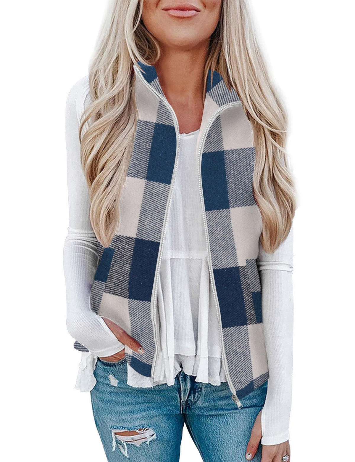 Rapbin Women's Plaid Outerwear Vests Tops Zip Up Collared Sleeveless Jacket with Pockects