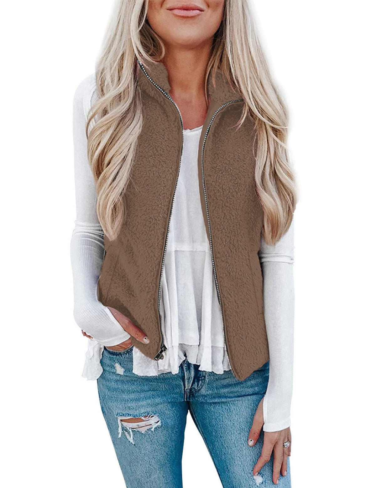 LOMON Womens Fuzzy Sherpa Fleece Jacket Lightweight Vest Cozy Sleeveless Cardigan Zipper Waistcoat Outerwear with Pocket