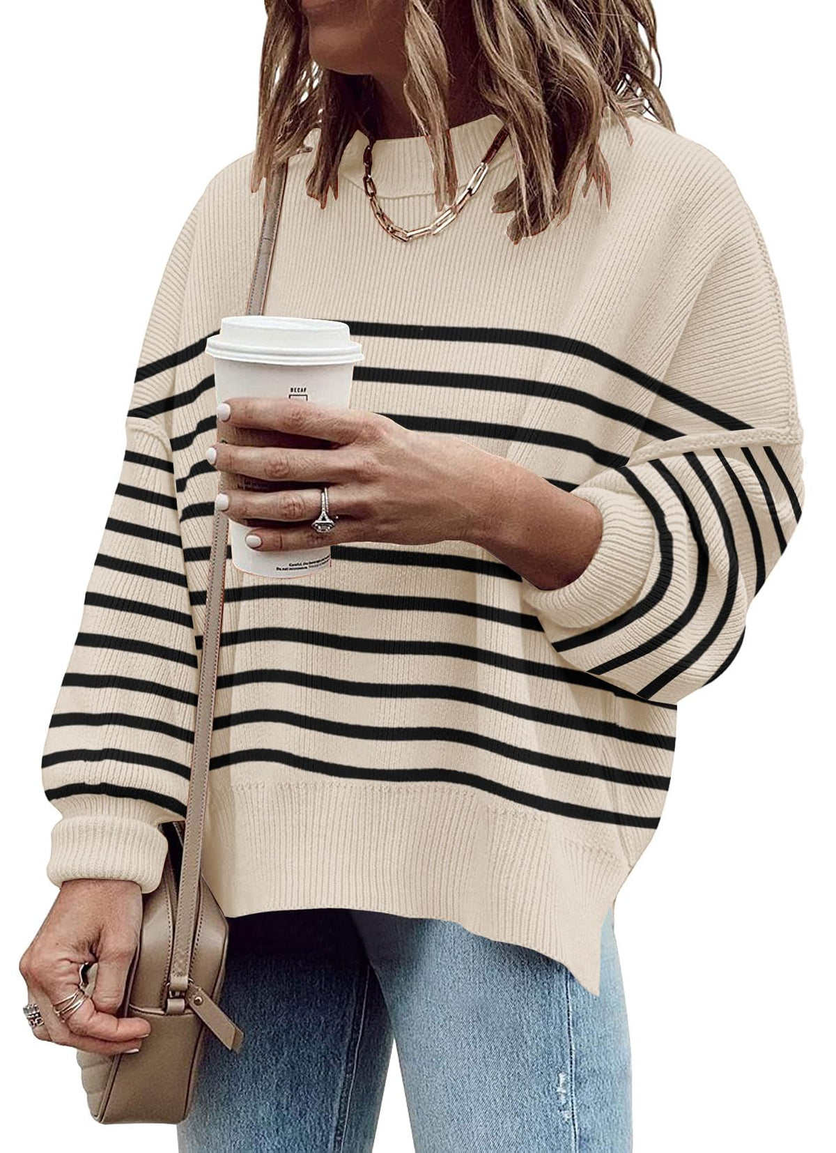 Womens Oversized Sweaters Fall Fashion Side Slit Ribbed Pullover Sweater