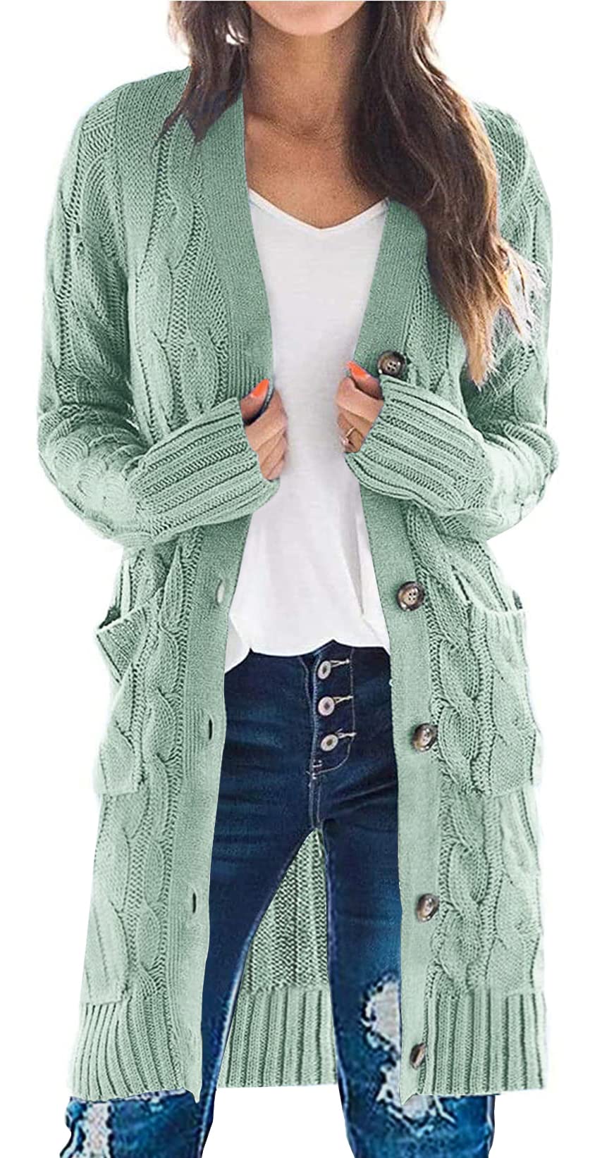 PRETTYGARDEN Womens Cable Knit Button Long Cardigan Sweaters