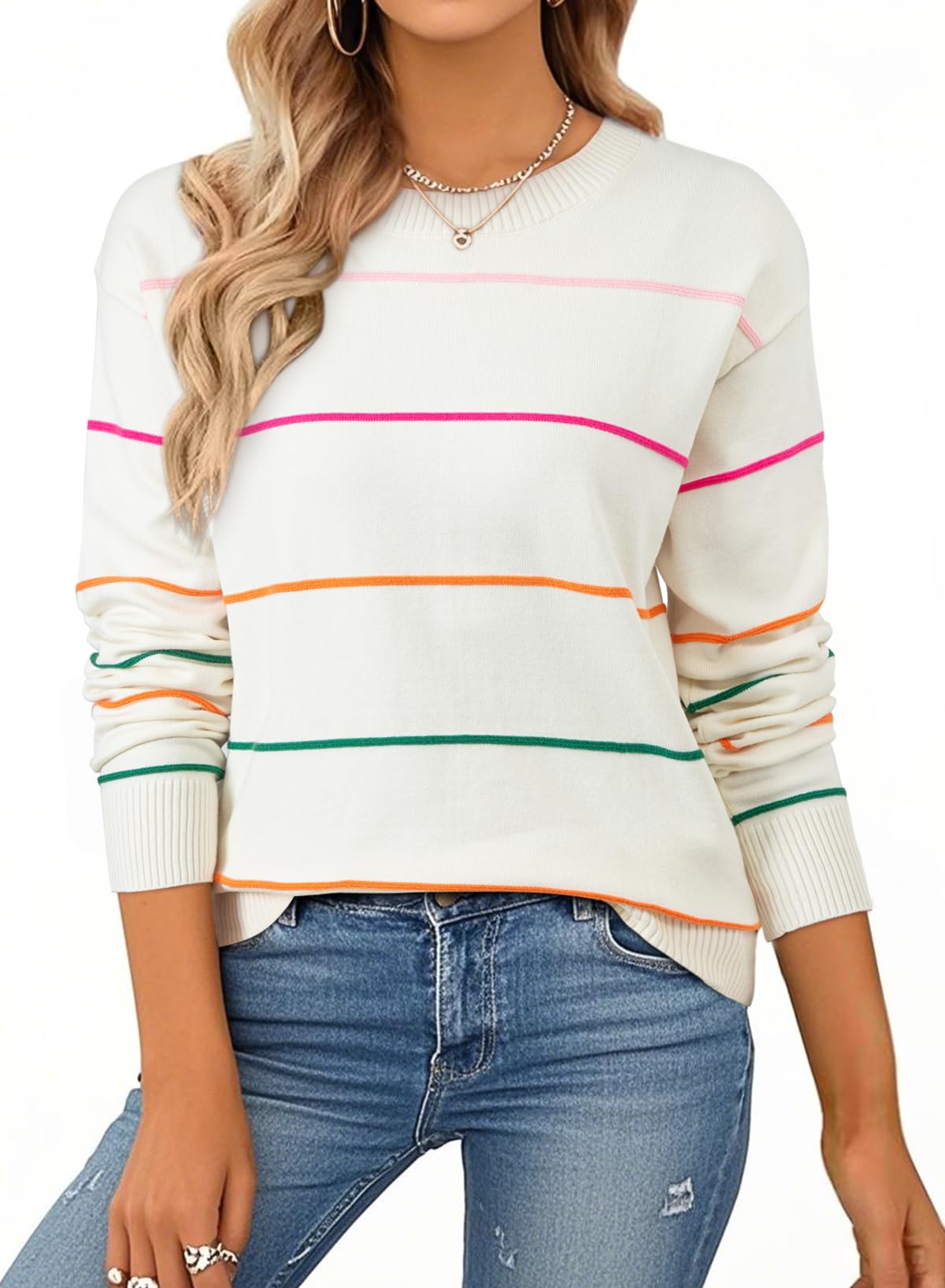 SHEWIN Womens Sweaters Crew Neck Knit Long Sleeve Striped Sweater Fall Outfits for Women 2026