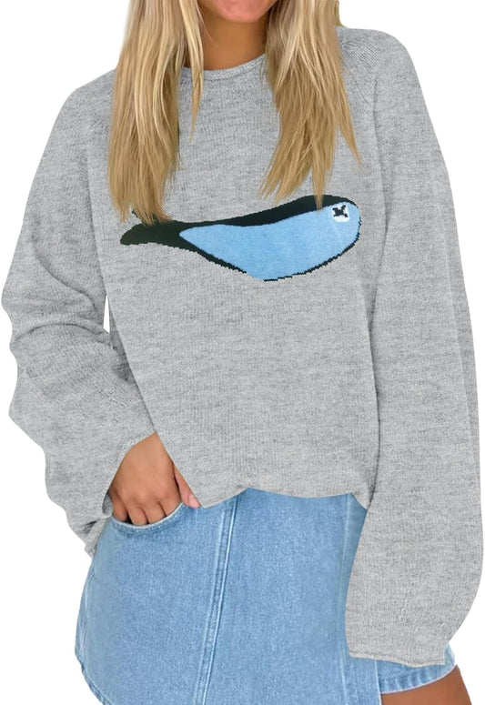 Tankaneo Womens Fish Graphic Oversized Sweaters Lightweight Knit Pullover