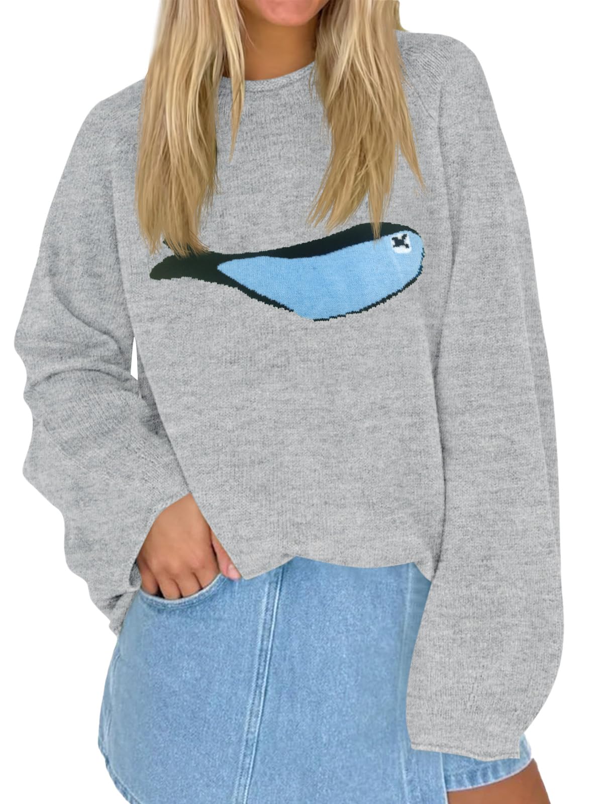 Tankaneo Womens Fish Graphic Oversized Sweaters Lightweight Knit Pullover