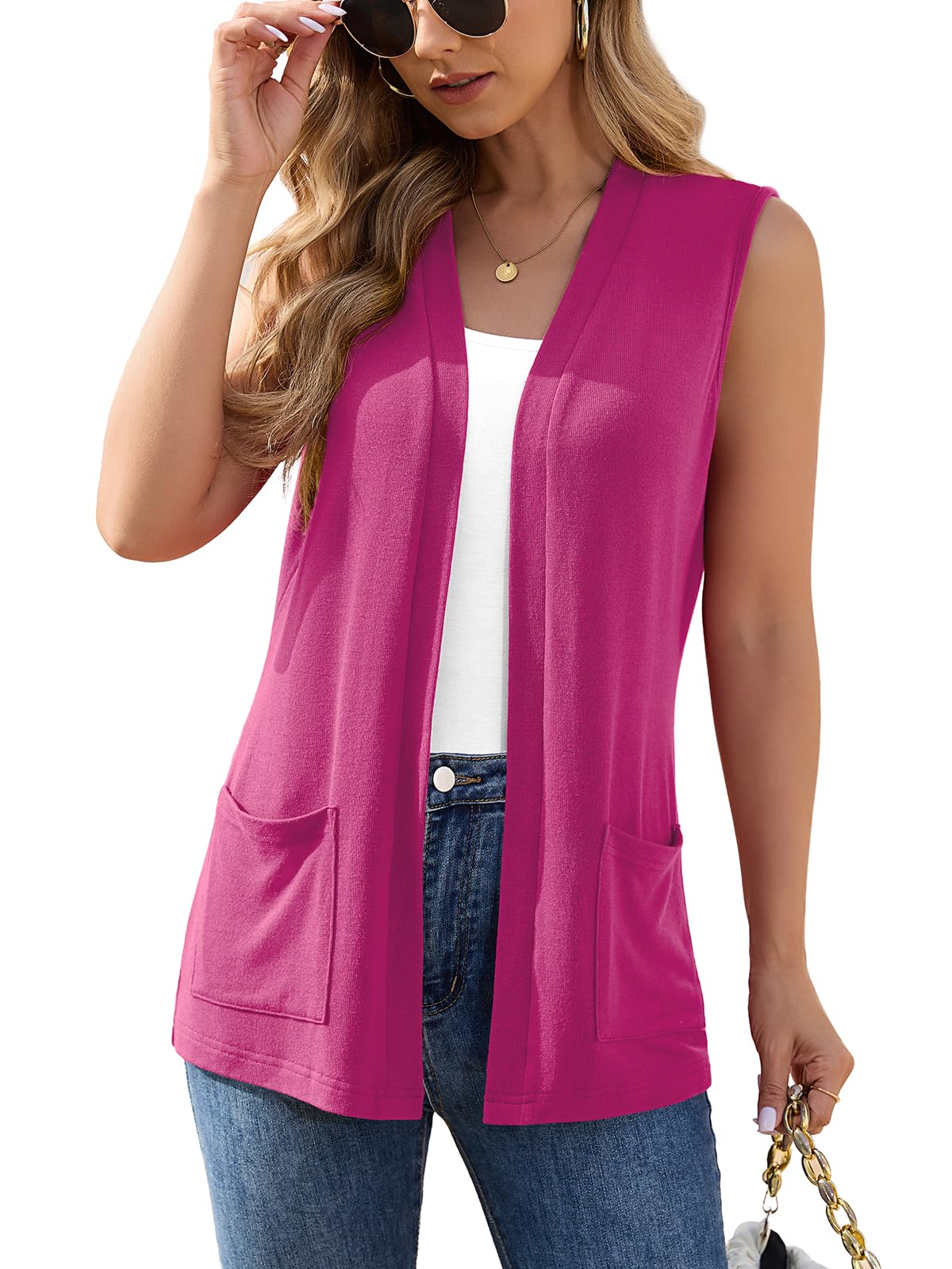 Veryoung Womens Sleeveless Open Front Cardigan Vest Lightweight Thin Vests Layering Top with Pockets for Summer Casual Office