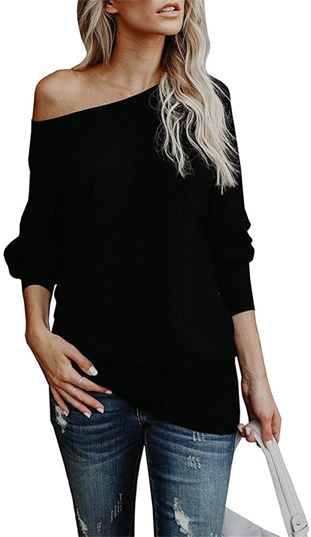 UMEKO Womens Off The Shoulder Sweater Oversized Knit Long Sleeve Sweaters Tunic Tops