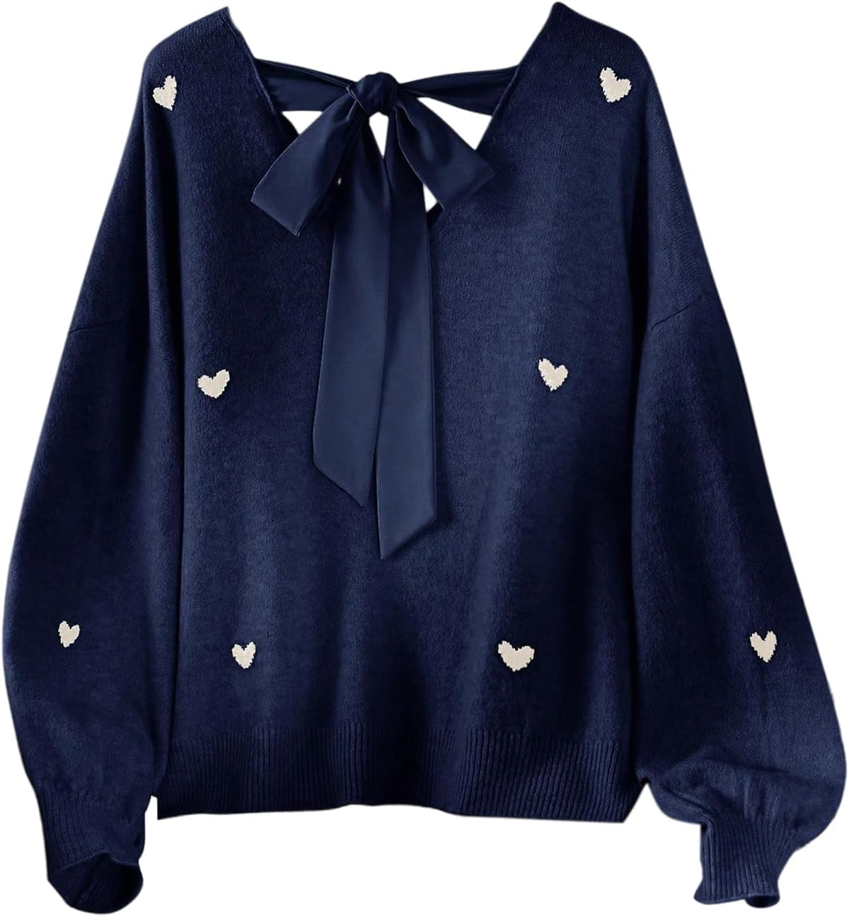 BEAUDRM Women's Plus Size Heart Graphic Sweaters Y2k Bow Tie Back V Neck Long Sleeve Knitwear Tops Fall Clothes