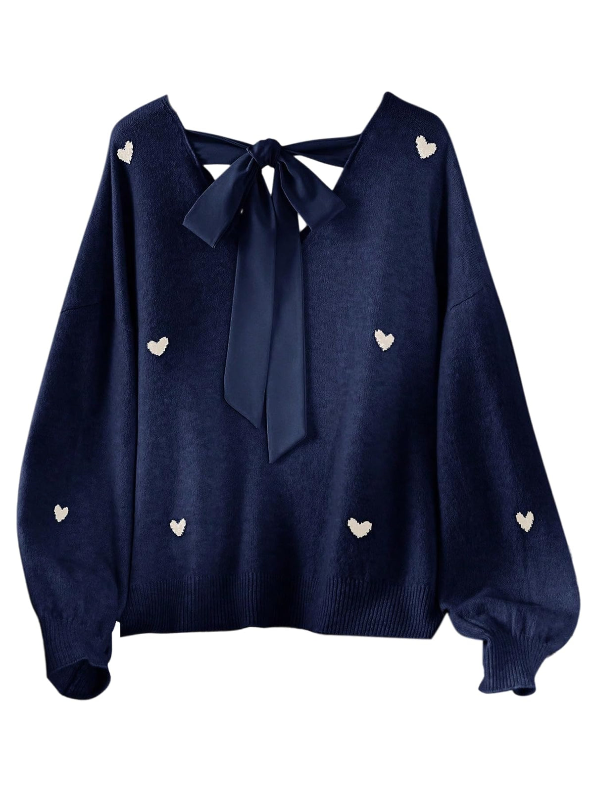 BEAUDRM Women's Plus Size Heart Graphic Sweaters Y2k Bow Tie Back V Neck Long Sleeve Knitwear Tops Fall Clothes
