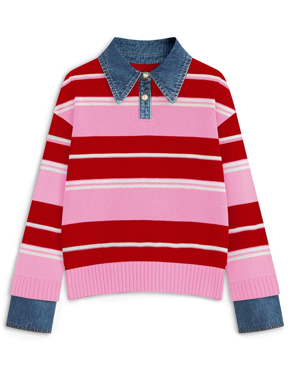 GUNEST Womens Oversized Sweater Denim Polo Knit Collared Fall Sweater