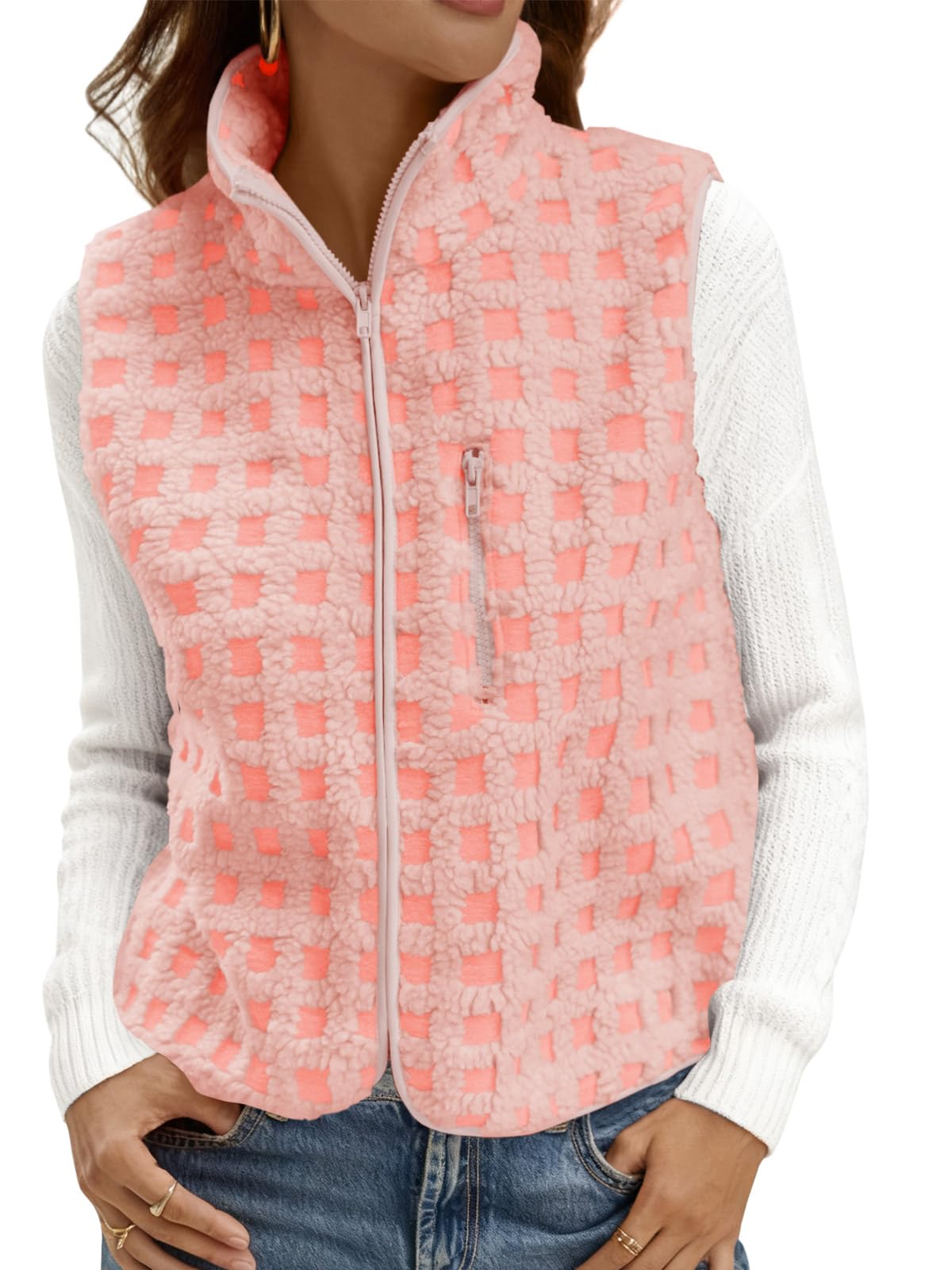 Tankaneo Womens Checkered Sherpa Vest Fleece Fuzzy Zip Up Sleeveless Jacket