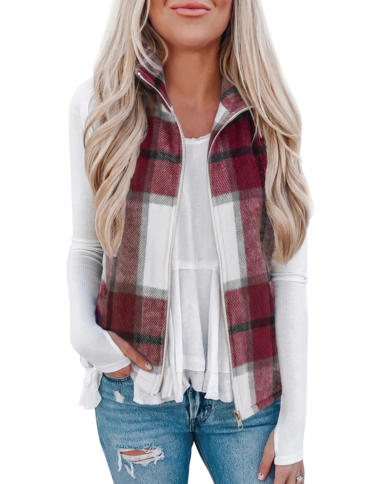 Rapbin Women's Plaid Outerwear Vests Tops Zip Up Collared Sleeveless Jacket with Pockects