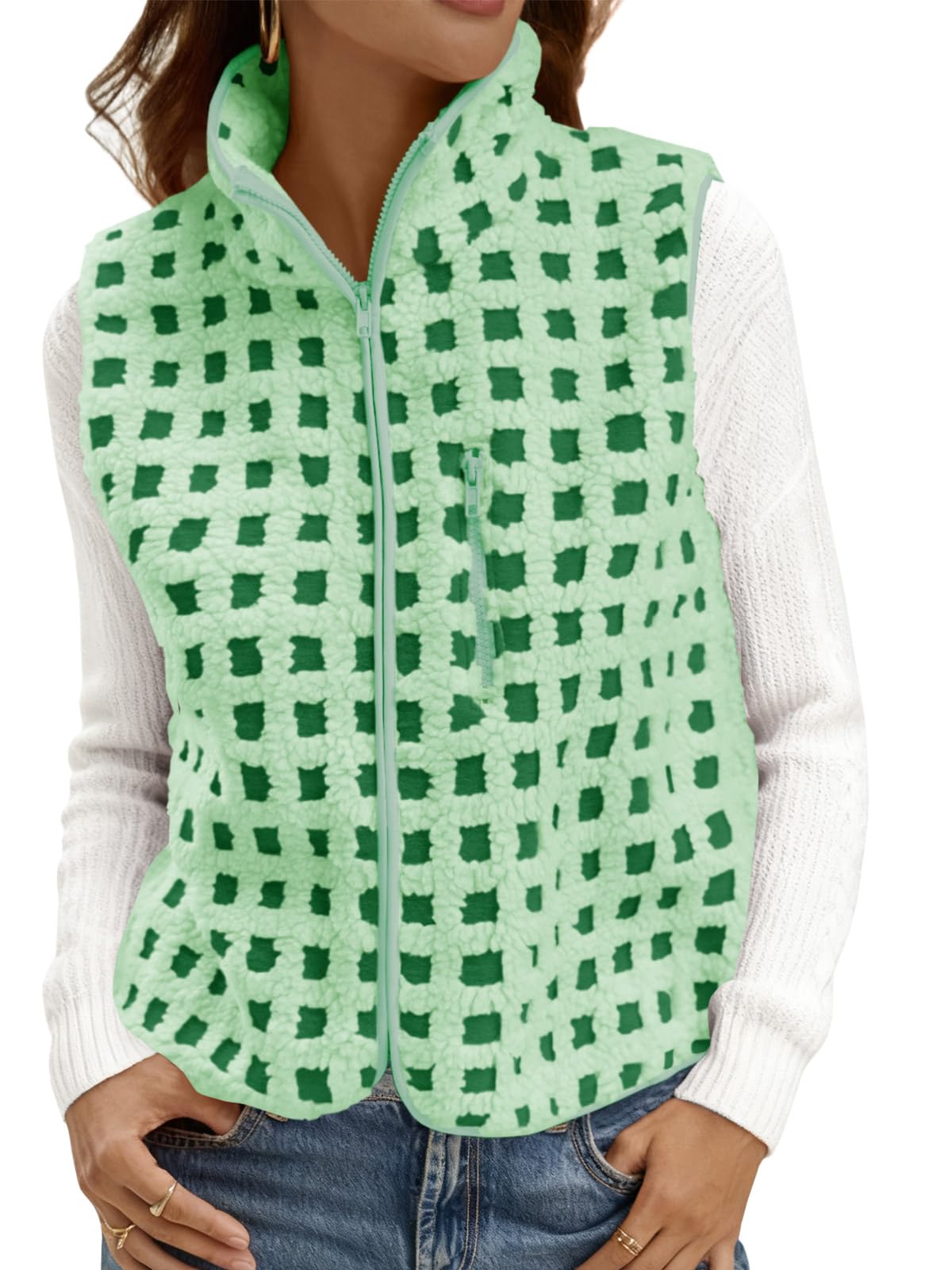 Tankaneo Womens Checkered Sherpa Vest Fleece Fuzzy Zip Up Sleeveless Jacket