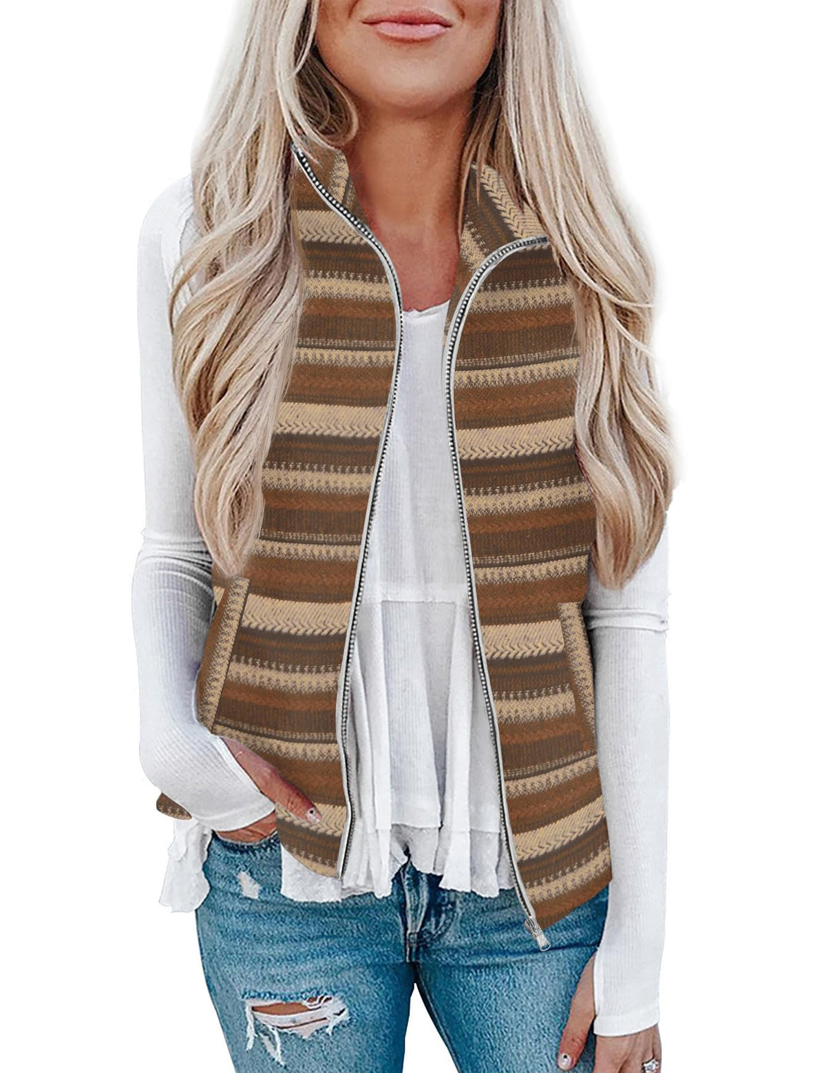 Rapbin Women's Plaid Outerwear Vests Tops Zip Up Collared Sleeveless Jacket with Pockects
