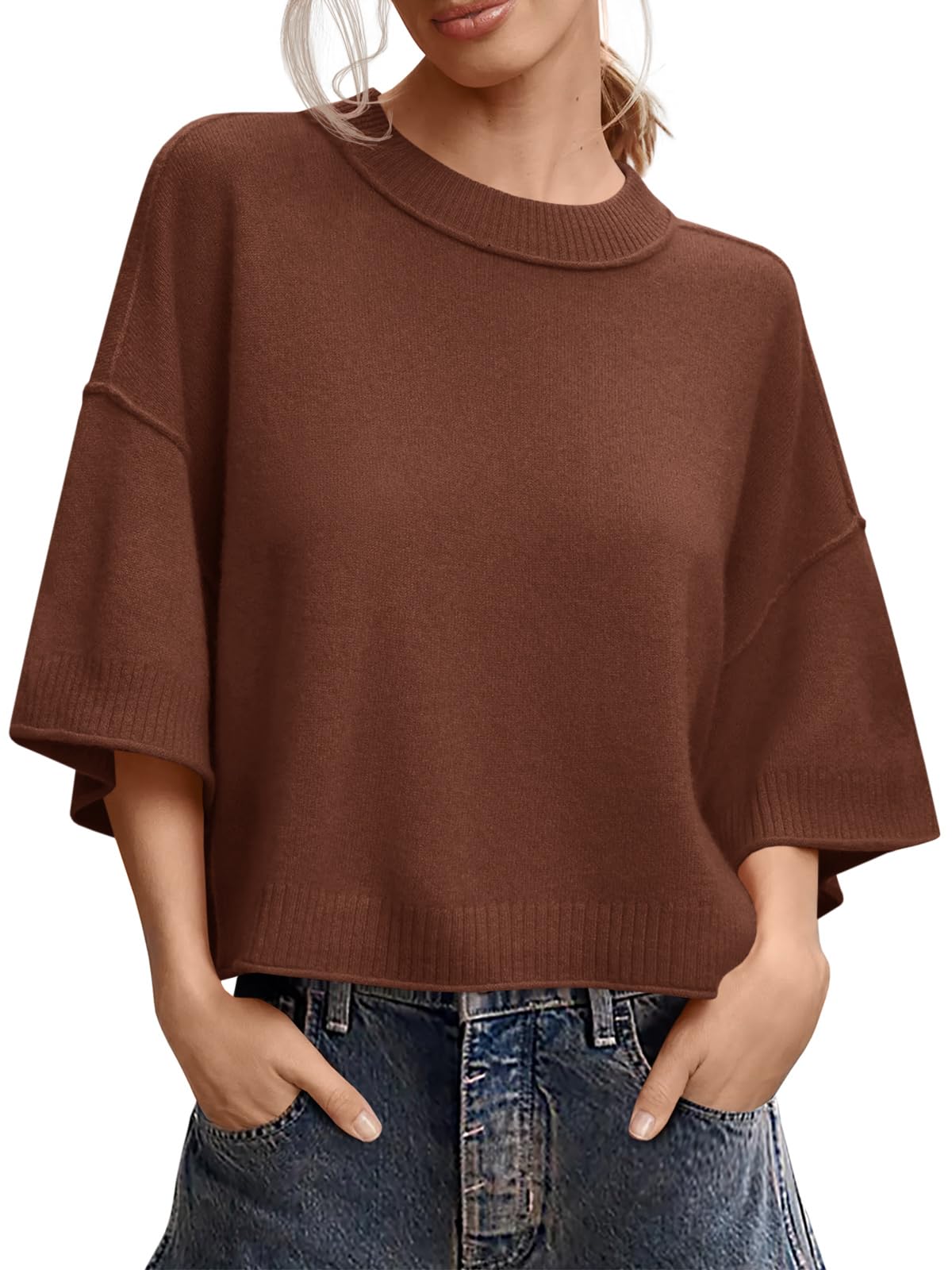 Saodimallsu Womens Short Sleeve Sweater Oversized Cropped Sweaters Knit Top
