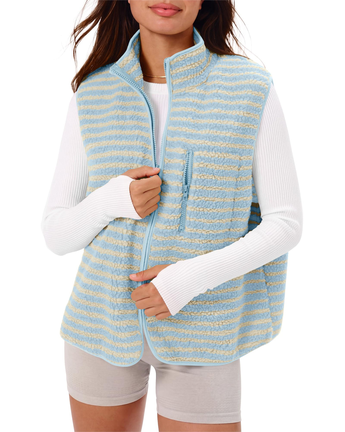 Gacaky Women's Sherpa Fleece Striped Vest Stand Collar Sleeveless Jacket