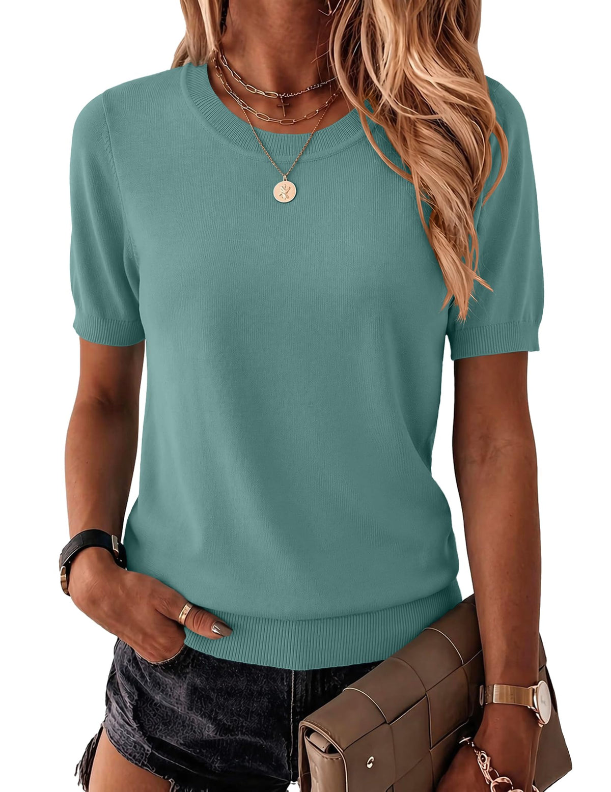 Zeagoo Womens Tops Short Sleeve Sweater Crewneck Basic Fashion Clothing