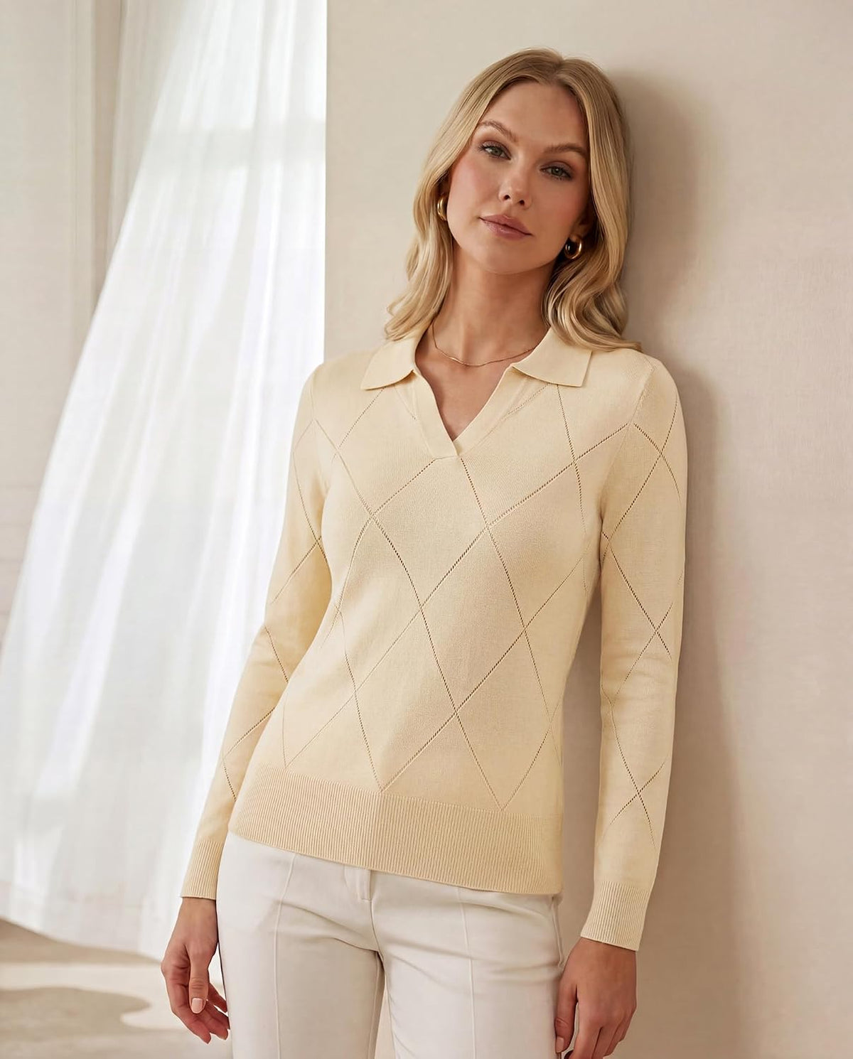 Kate Kasin Women Fall Pullover Sweaters Cozy, V Neck Knit Collared Polo Top