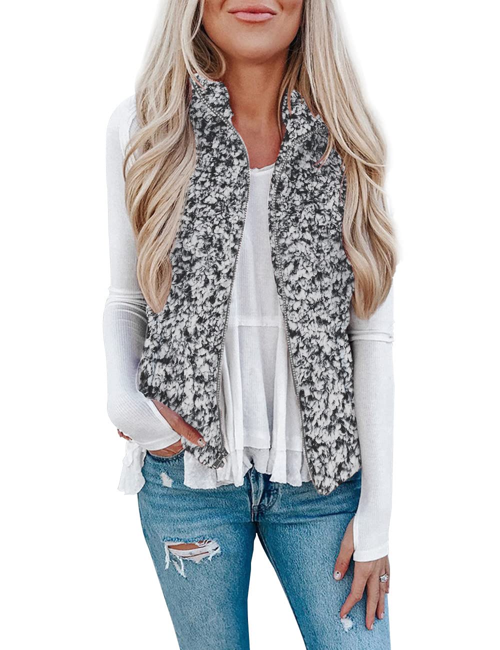 LOMON Womens Fuzzy Sherpa Fleece Jacket Lightweight Vest Cozy Sleeveless Cardigan Zipper Waistcoat Outerwear with Pocket