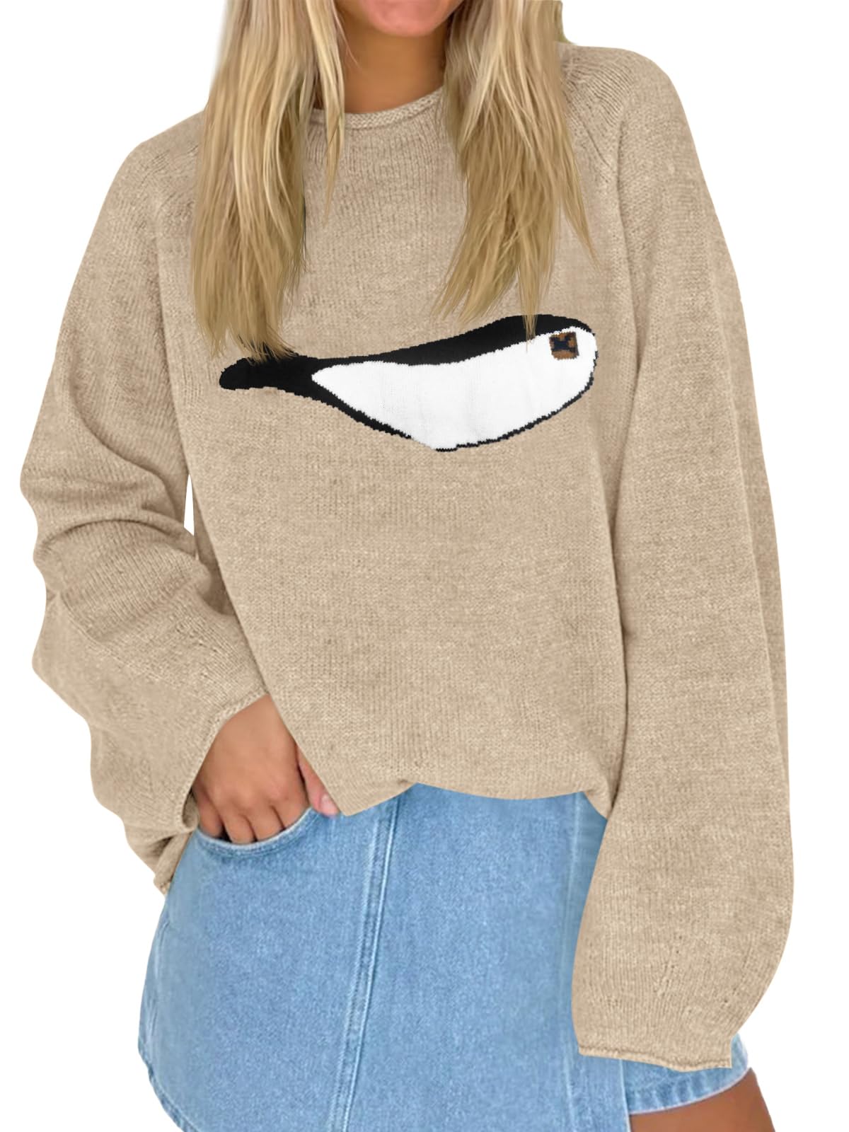 Tankaneo Womens Fish Graphic Oversized Sweaters Lightweight Knit Pullover