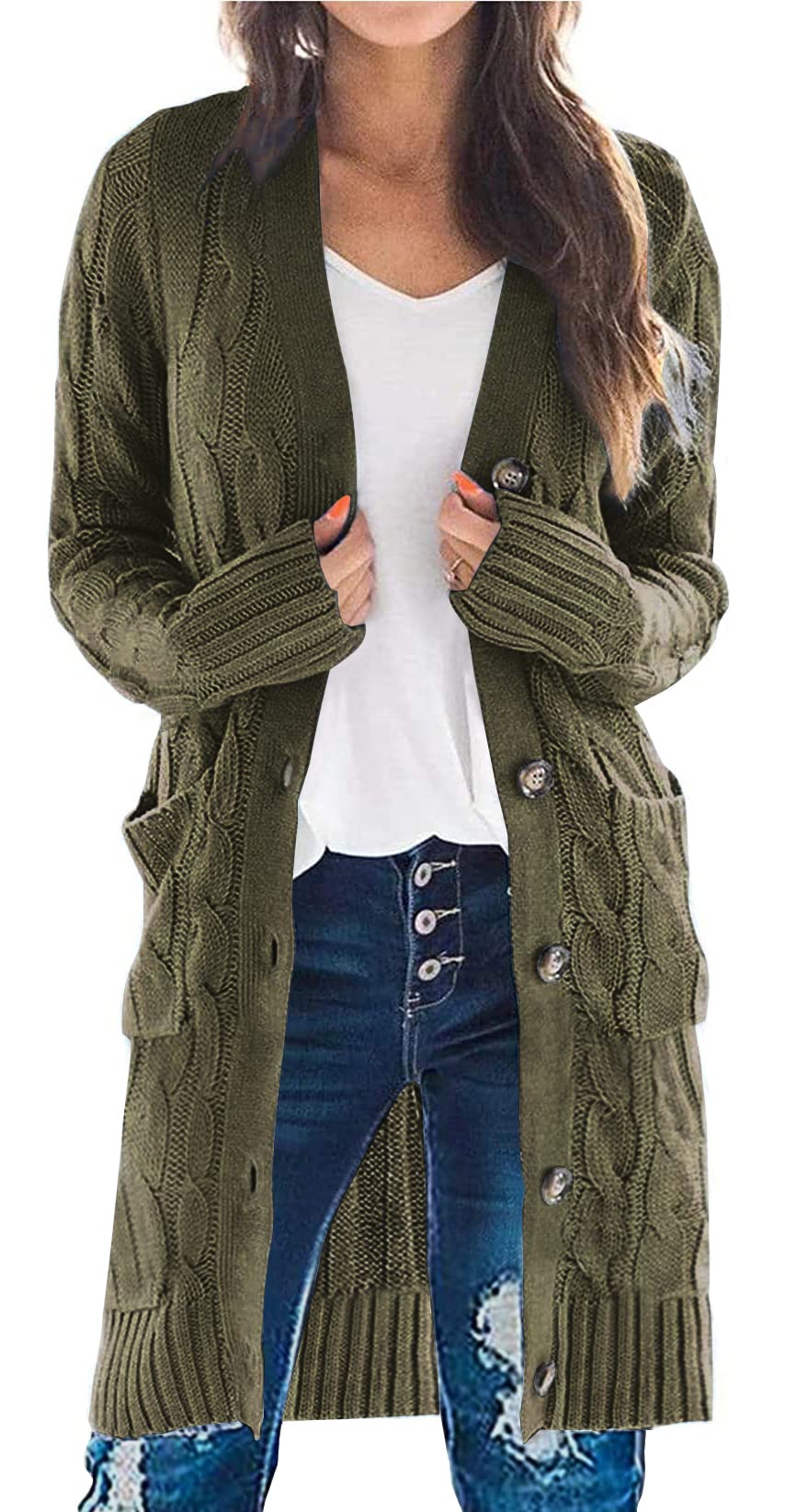 PRETTYGARDEN Womens Cable Knit Button Long Cardigan Sweaters