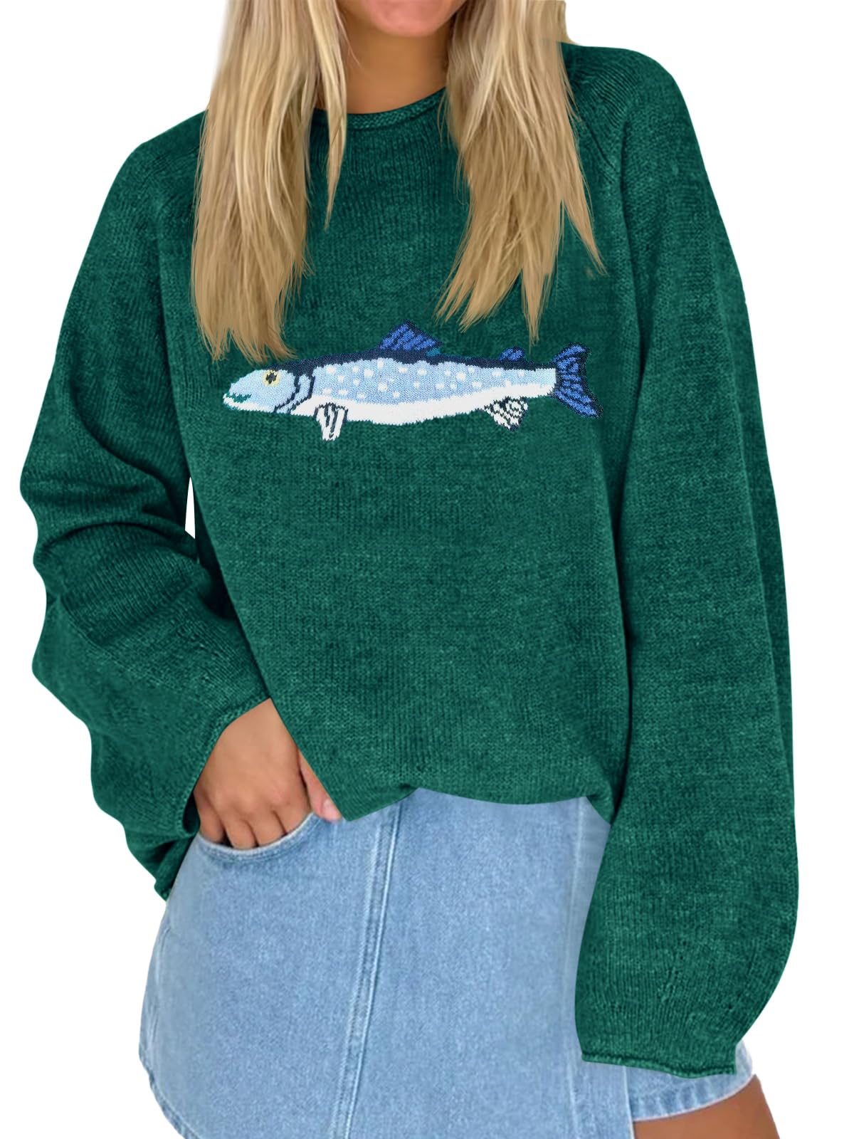 Tankaneo Womens Fish Graphic Oversized Sweaters Lightweight Knit Pullover
