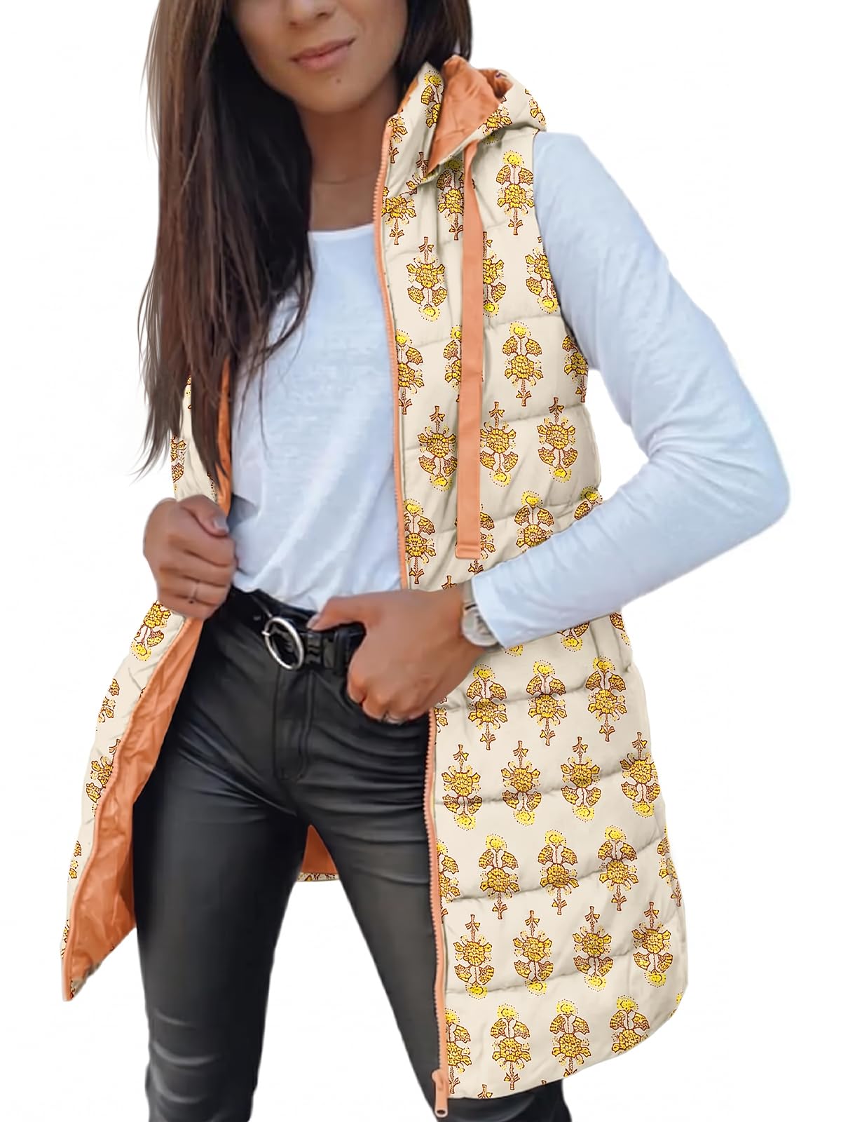 Veatzaer Women Long Vest Sleeveless Hood Winter Puffer Vest Outwear