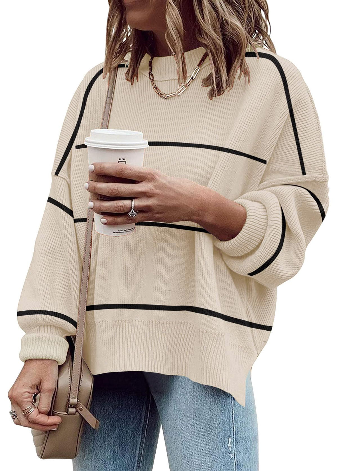 Womens Oversized Sweaters Fall Fashion Side Slit Ribbed Pullover Sweater