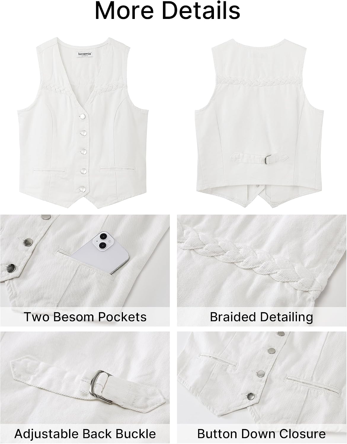 luvamia Denim Vest Women Trendy Button Down Braided Adjustable Waist Western Casual Sleeveless Jean Waistcoat Vests Top