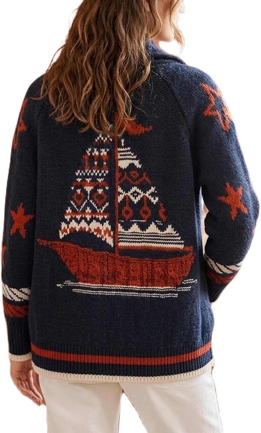 Women Graphic Knit Sweater Cardigan Long Sleeve Button Down Chunky Knitwear